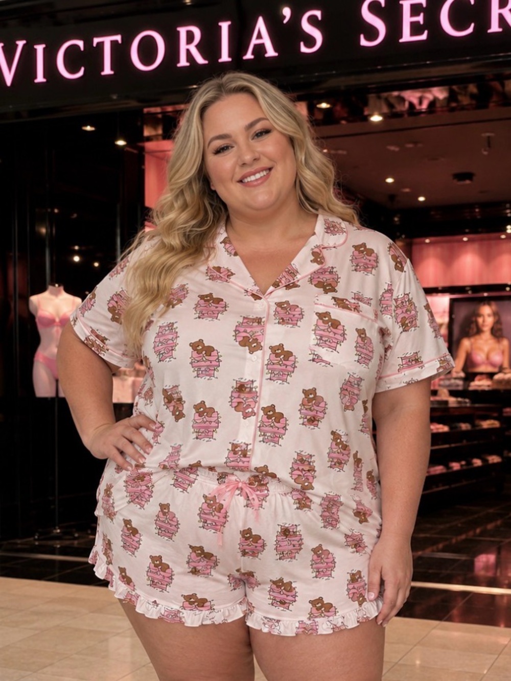 Pink Teddy Print Short Pajama Set